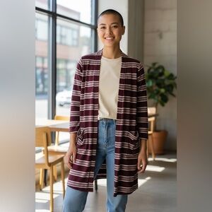 Burgundy Striped Long Cardigan Open Front Pockets Cozy Layering